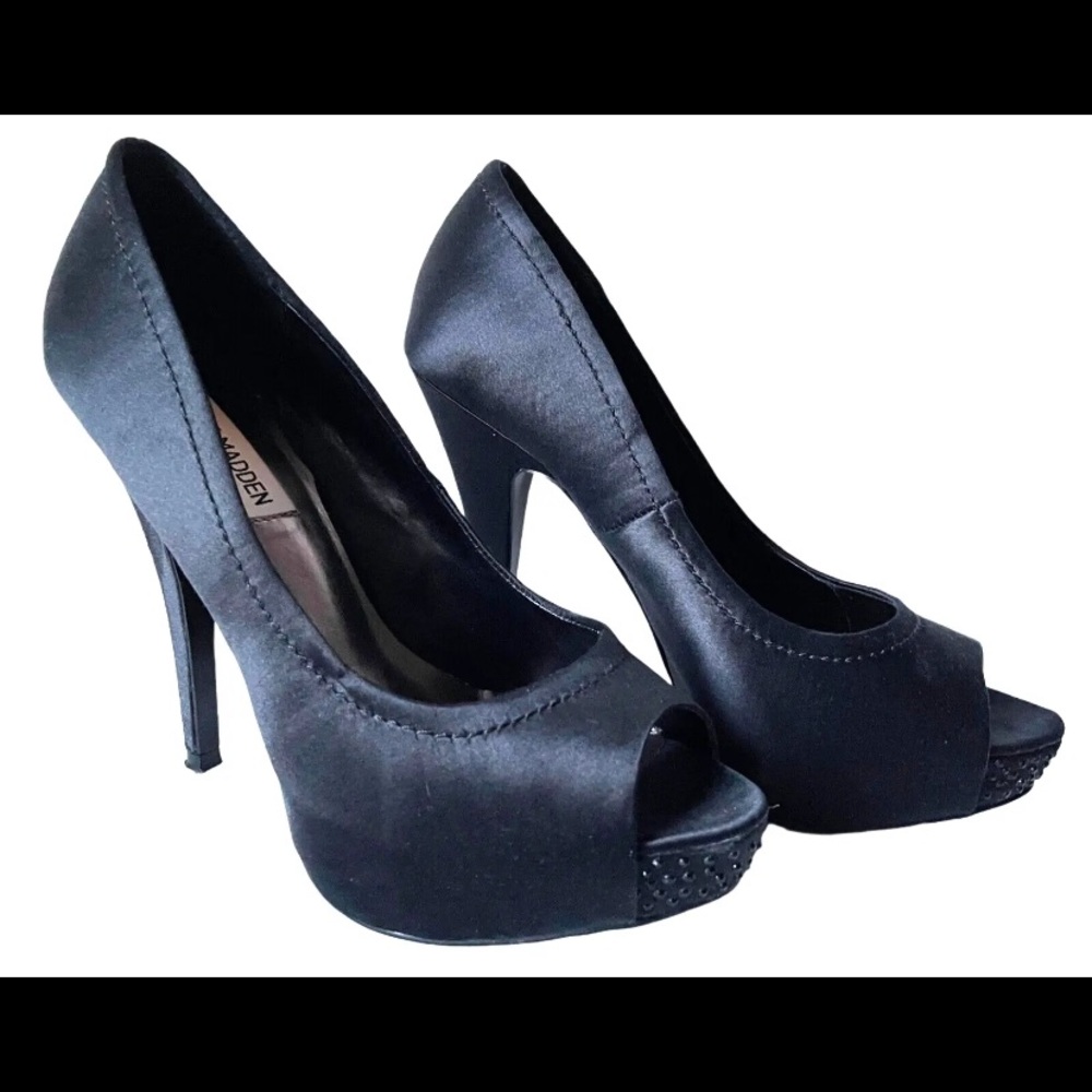 Steve Madden Feelixx Black Satin Rhinestones Peep Toe Platform Pumps Heels-10